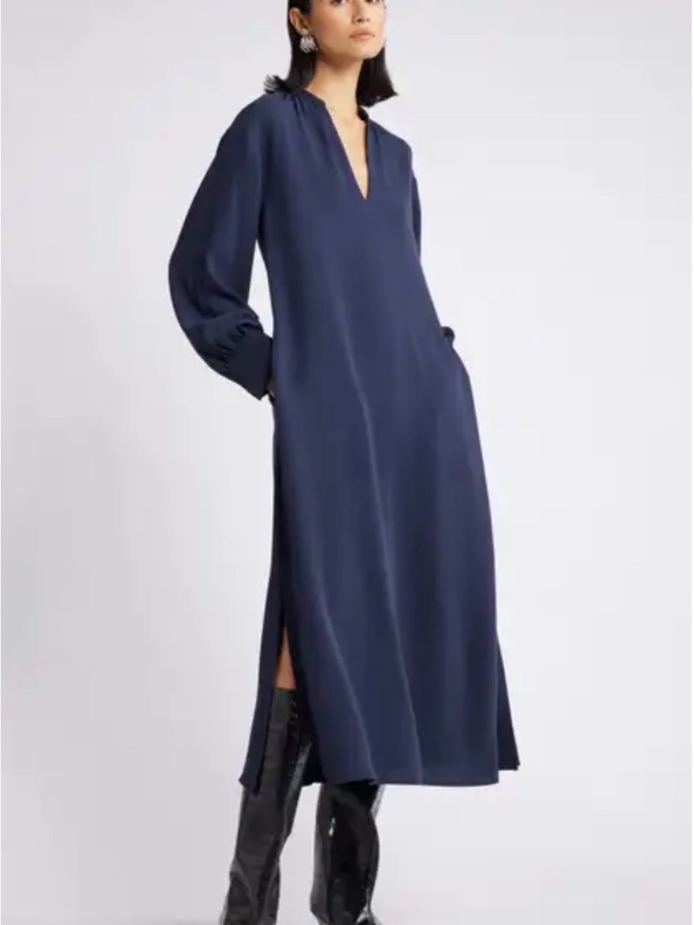 Nordstrom Navy V-Neck Long Sleeve Maxi Dress with Side Slits